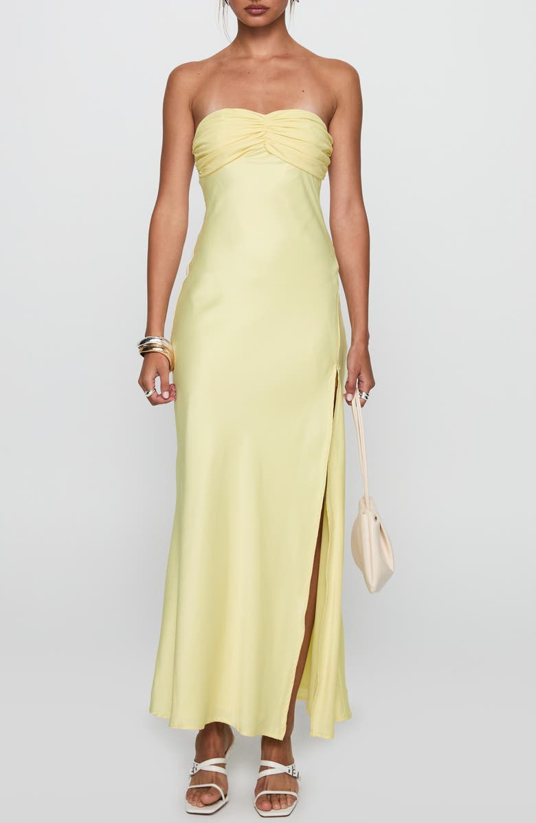 Princess Polly Chevalier Strapless Stretch Satin Maxi Cocktail Dress, Main, color, Lemon