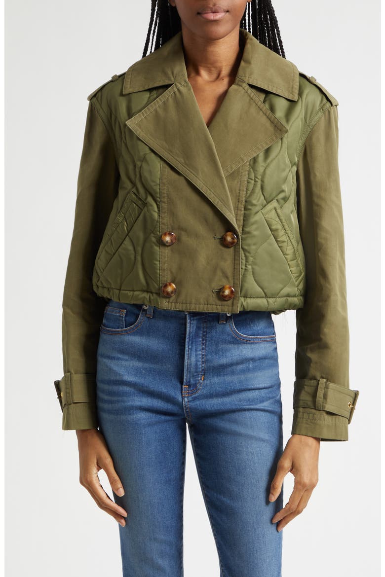 Harris Crop Mixed Media Double Breasted Jacket, Main, color, STONE ARMY