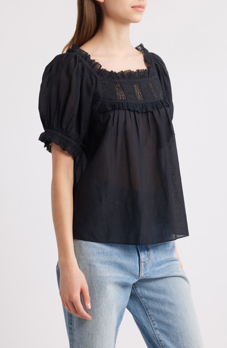 DÔEN Frances Lace Inset Cotton Blend Top, Alternate, color, Black