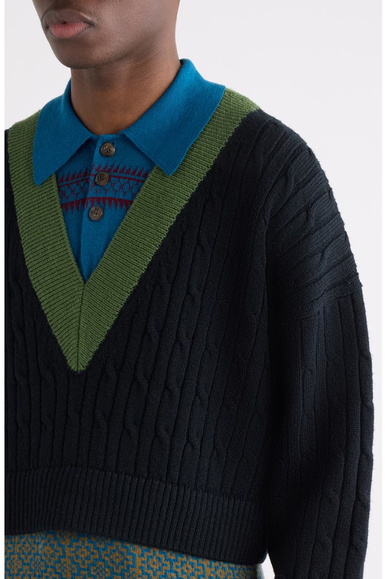 Medan Colorblock Cable Stitch Polo Sweater, Alternate, color, BLACK