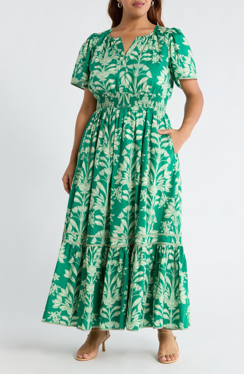 SUGARLIPS Floral Print Smocked Waist Maxi Dress, Main, color, Kelly-Cream