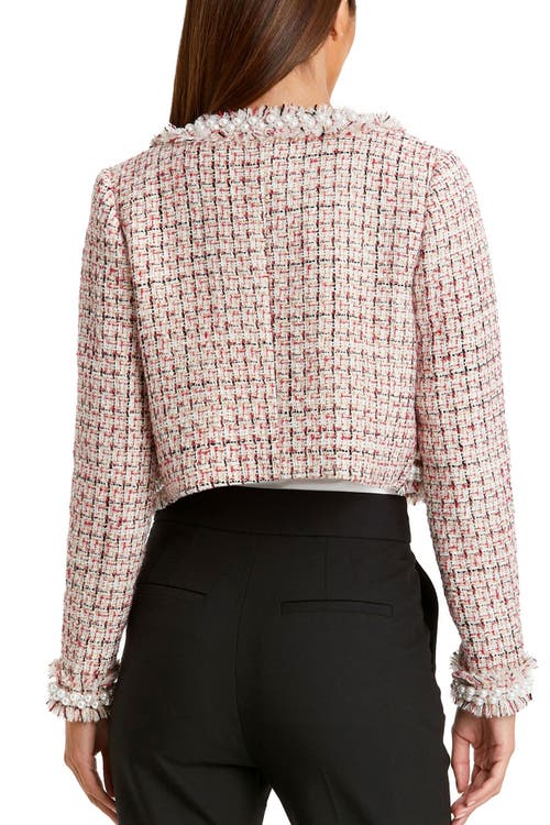 Mac Duggal Pearl Trim Long Sleeve Cropped Jacket In Red