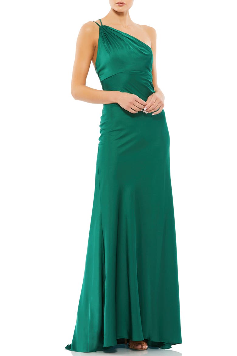 One-Shoulder Satin Trumpet Gown, Main, color, EMERALD