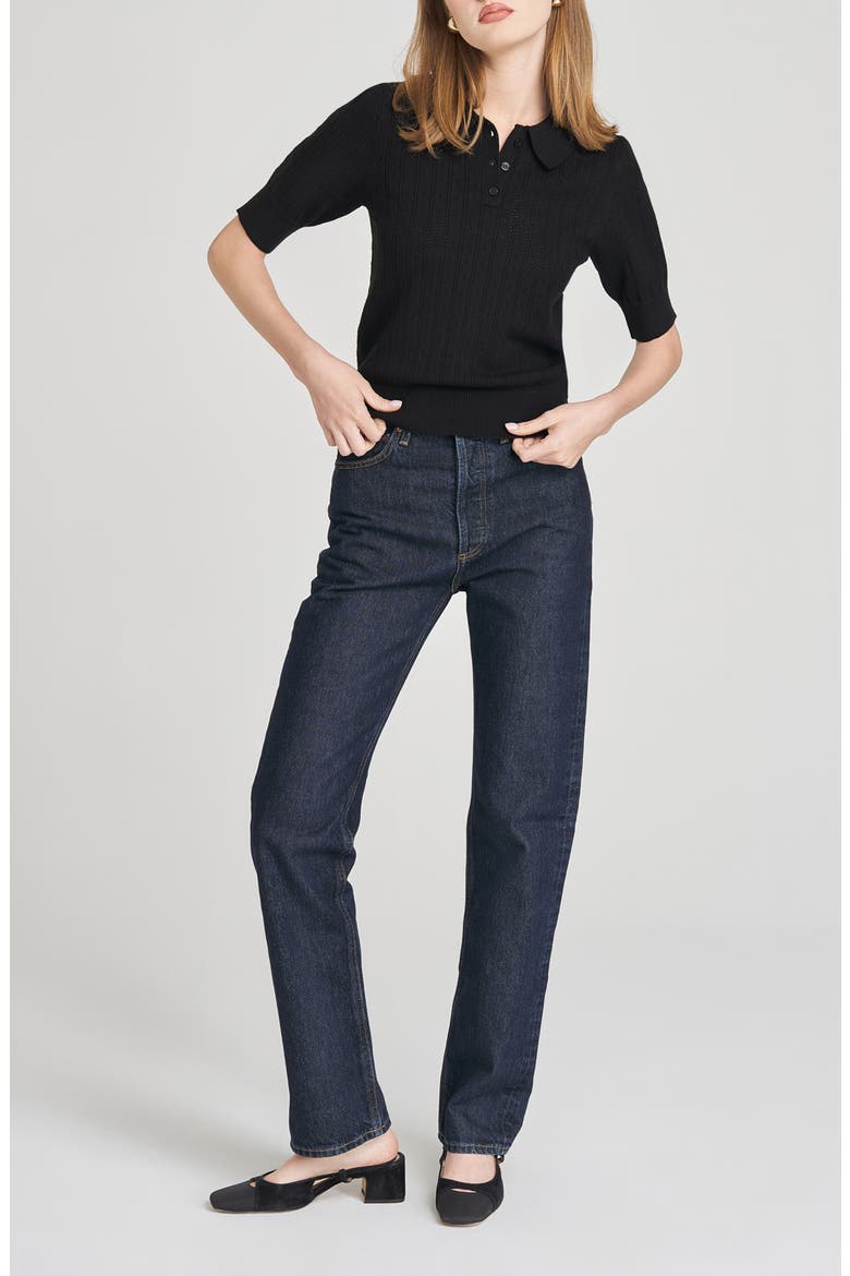 Taylor Short Sleeve Pointelle Polo Sweater, Alternate, color, BLACK