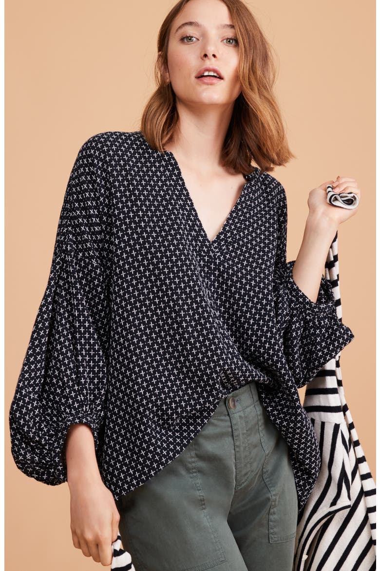 Pickstitched Poet Blouse, Alternate, color, BLACK/ WHITE