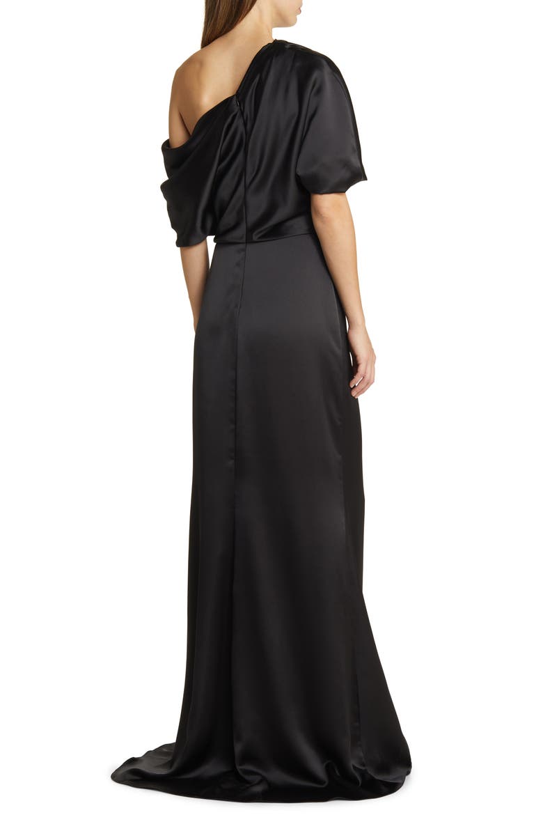 Gathered One-Shoulder Satin Gown, Alternate, color, BLACK