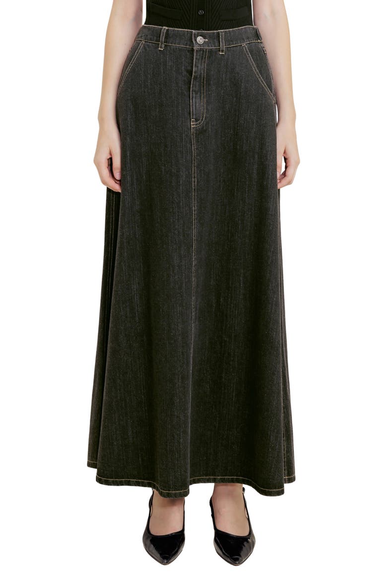 A-Line Denim Maxi Skirt, Main, color, BLACK