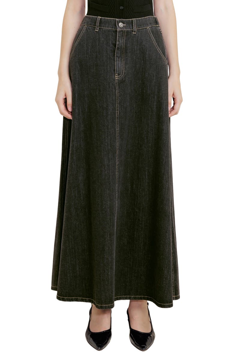FREEMARKET A-Line Denim Maxi Skirt, Main, color, Black