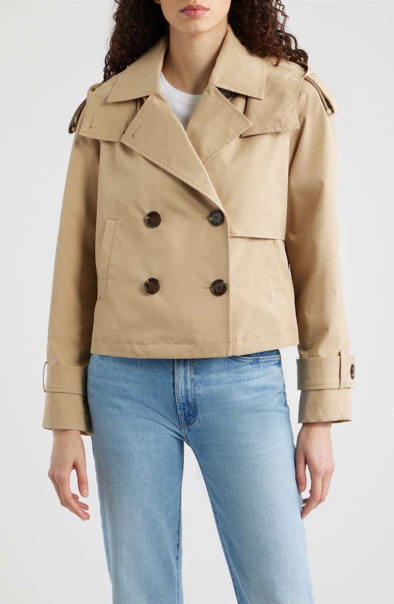 Michael Kors Crop Trench Coat with Removable Hood, Main, color, Khaki