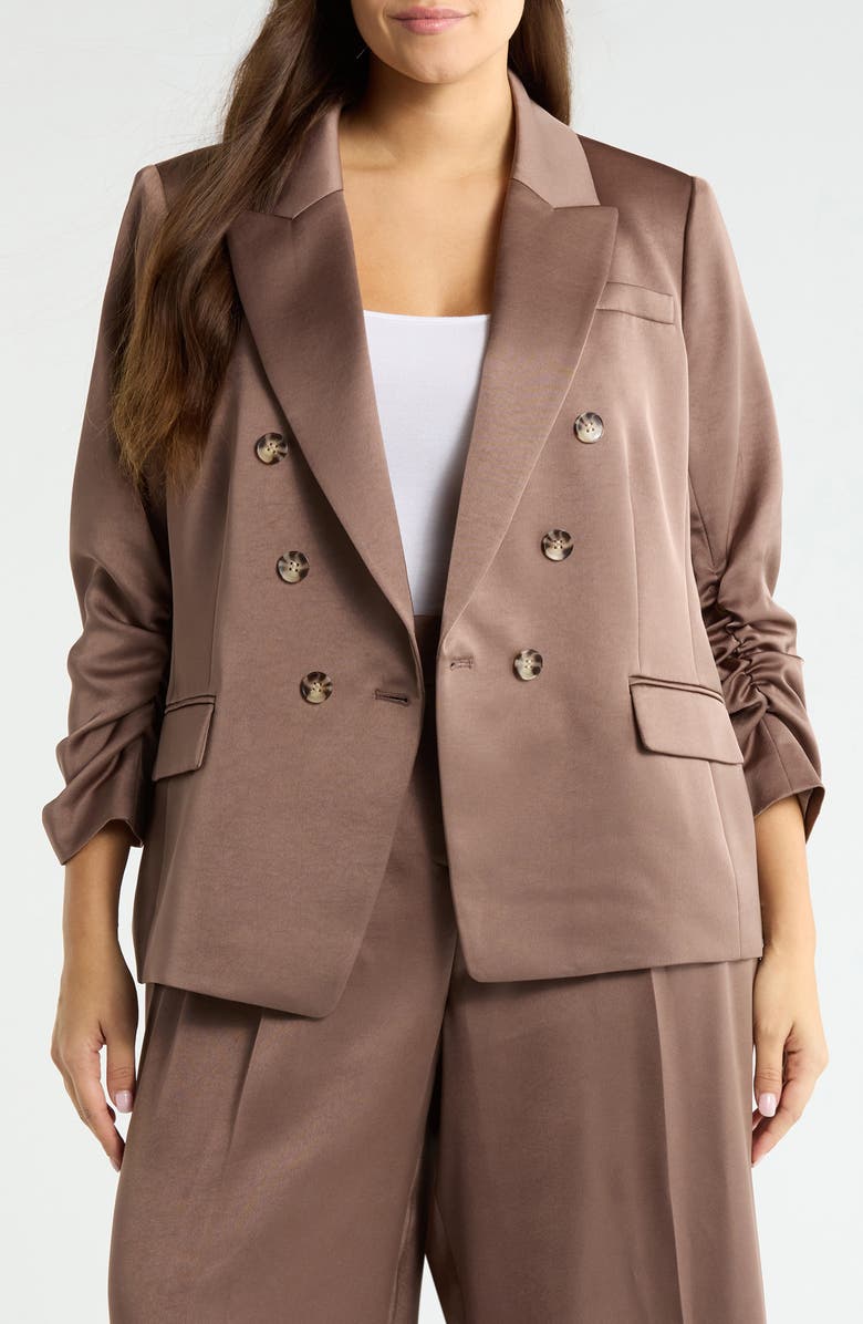 Tahari ASL Double Breasted Satin Blazer, Main, color, Mocha