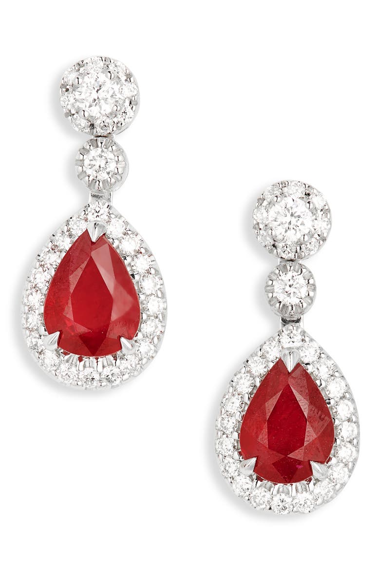 Ruby & Pavé Diamond Drop Earrings, Main, color, WHITE GOLD/ RUBY/ DIAMOND