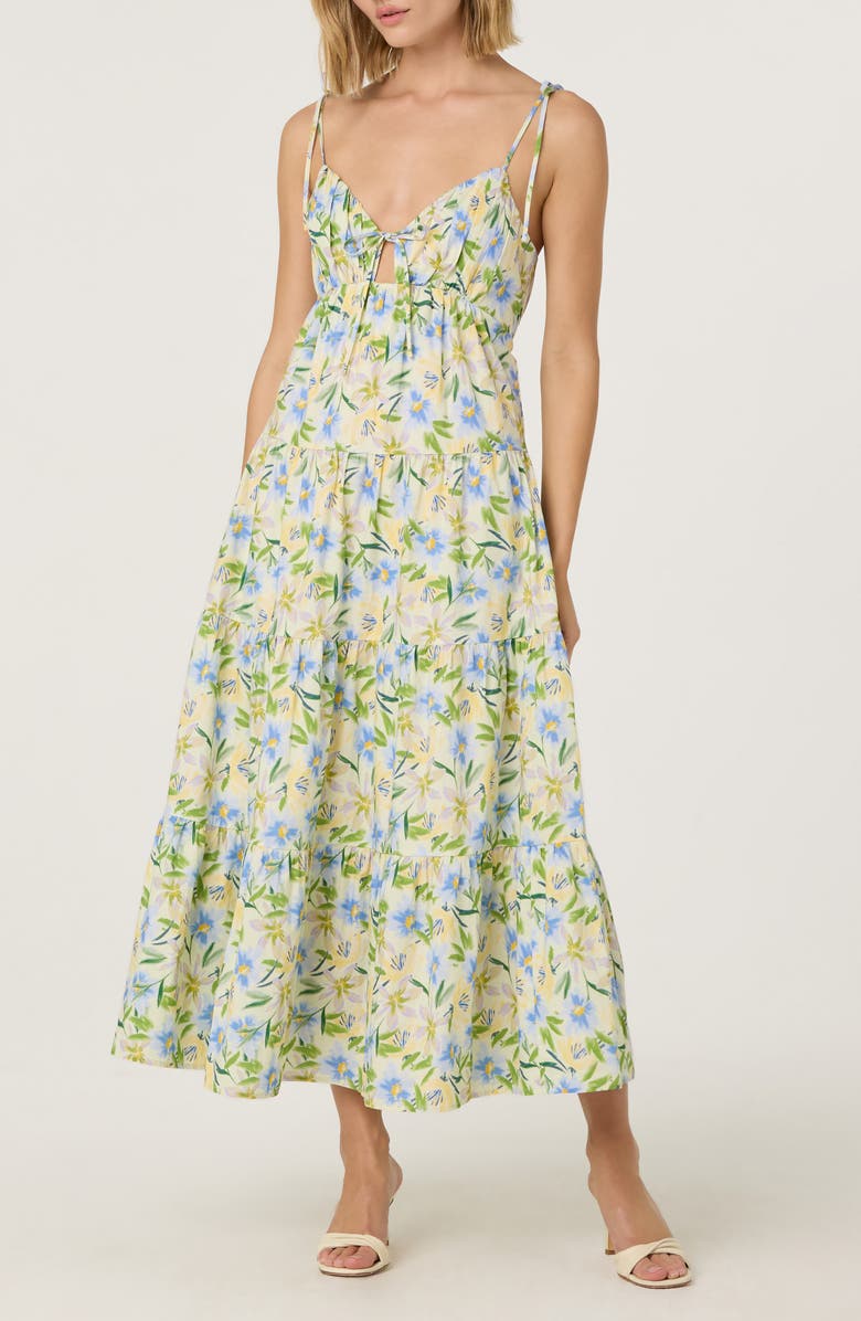 ASTR the Label Tie Strap Tiered Maxi Dress, Main, color, Cream Blue Floral