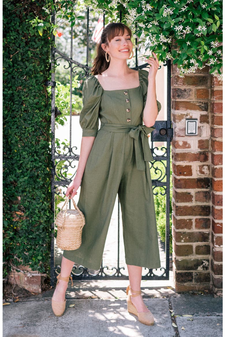Sylvie Puff Sleeve Linen Blend Jumpsuit (Nordstrom Exclusive), Alternate, color, FOREST FERN