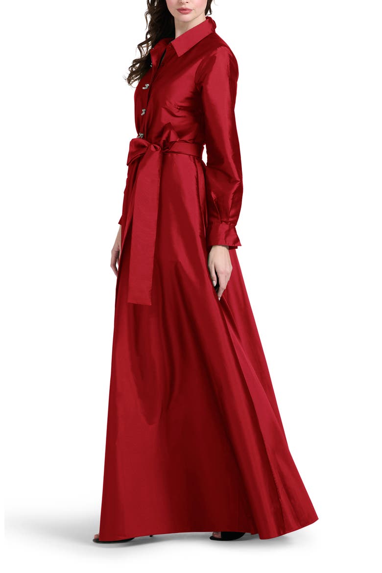 Crystal Bow Button Long Sleeve Taffeta A-Line Gown, Alternate, color, RED