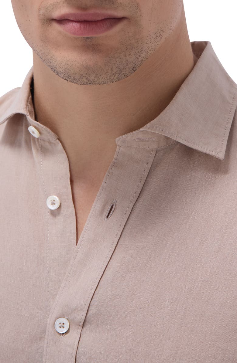 Bugatchi Axel Shaped Fit Linen Button-Up Shirt, Alternate, color, Sand