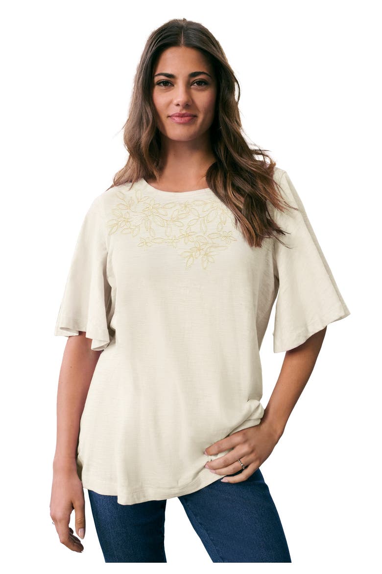 Plus Size Embroidered Slub Tee, Main, color, IVORY EMBROIDERED FLOWERS