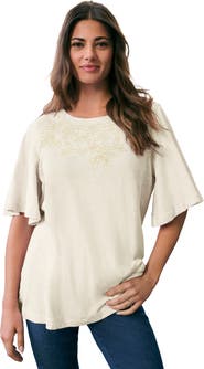 Roaman's Plus Size Embroidered Slub Tee