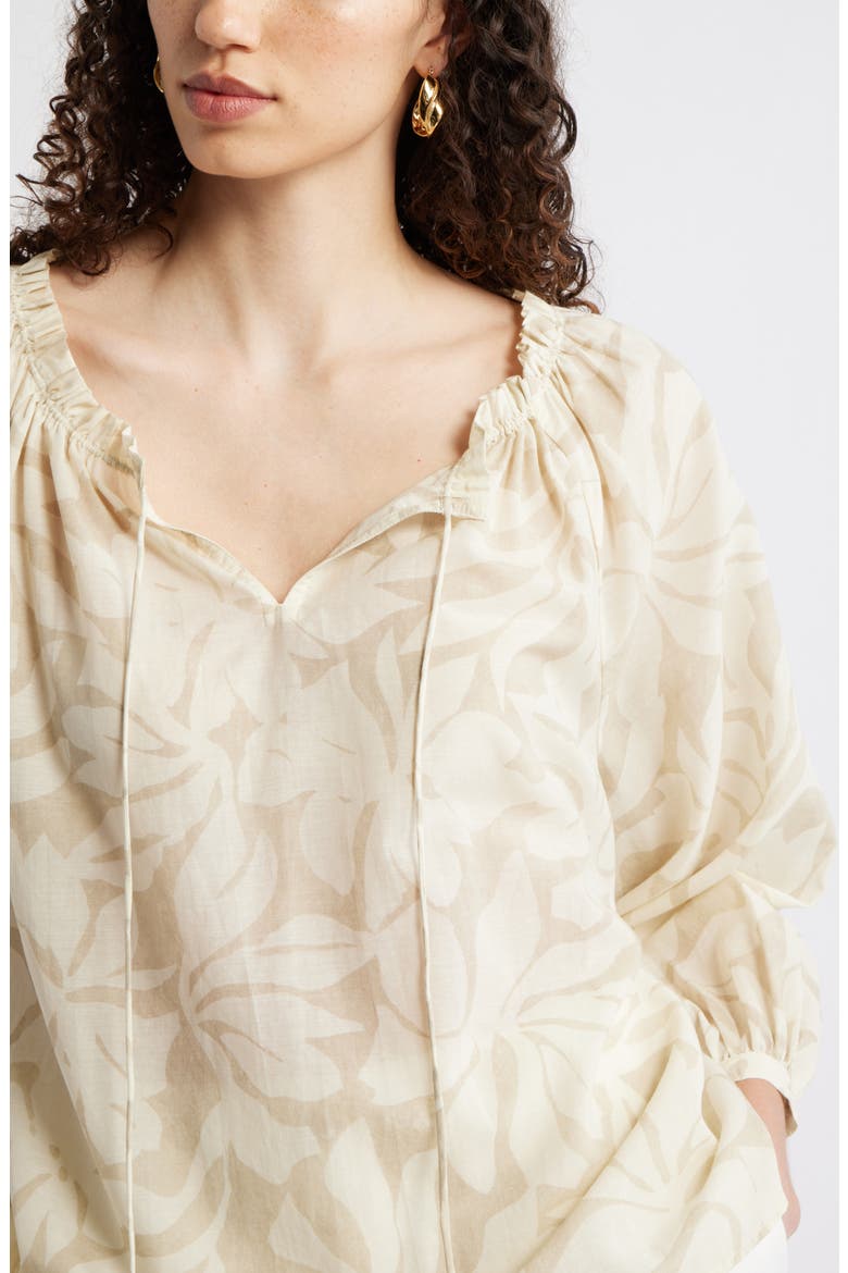 Ruffle Neck Tie Front Top, Alternate, color, IVORY- BEIGE FIRA BLOOM