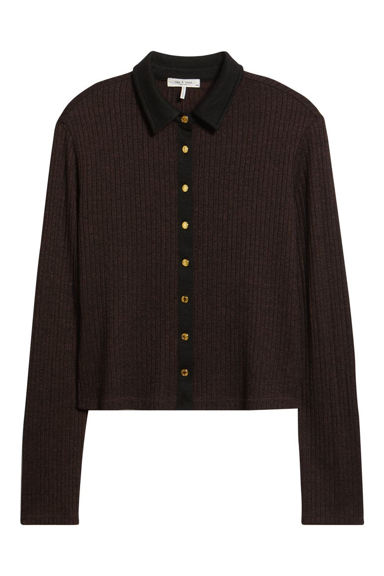 Contrast Trim Rib Button-Up Shirt, Alternate, color, DARK BROWN