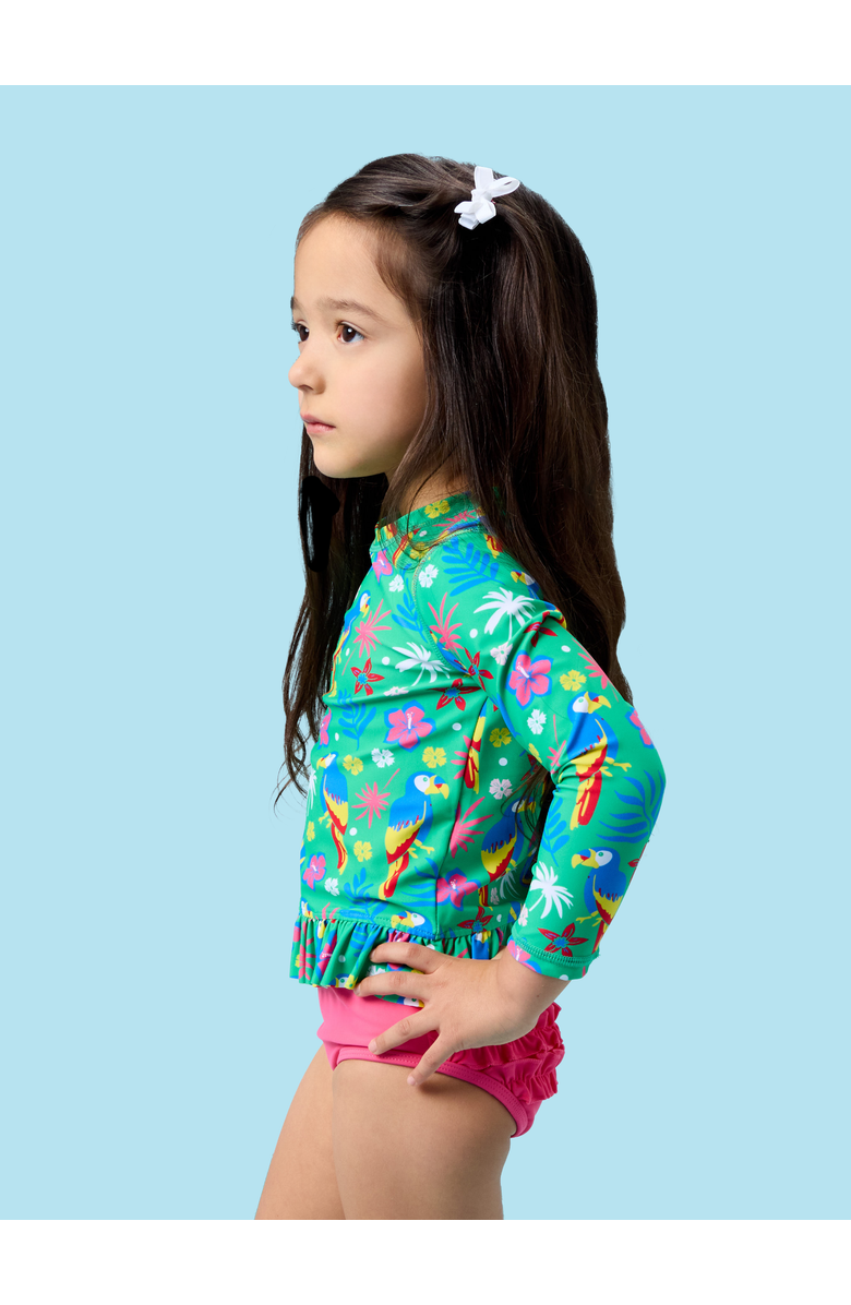 RuffleButts Toddler Girls UPF50+ Long Sleeve Rash Guard Bikini, Alternate, color, Parrot Palms