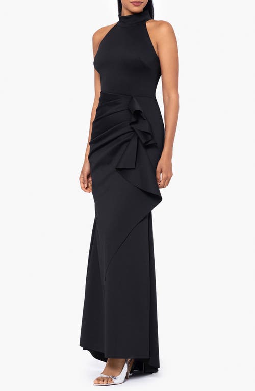Xscape Evenings Ruffle Mock Neck Scuba Gown In Black