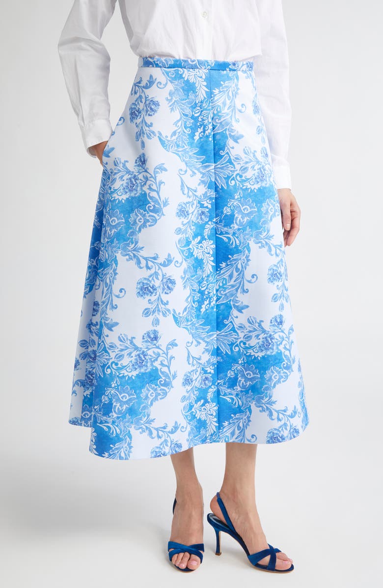 Emilia Wickstead Hallie Floral Damask Taffeta Faille A-Line Skirt, Main, color, Damask Floral Blue