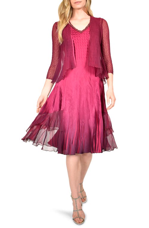 Komarov Beaded Charmeuse & Chiffon Dress and Jacket in Red Plum Blue Ombre 