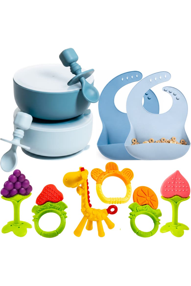 Silicone Suction Bowl Set with Lids, Adjustable Bibs, Teething Toys, BPA Free, Dishwasher & Freezer Safe, Main, color, Blue