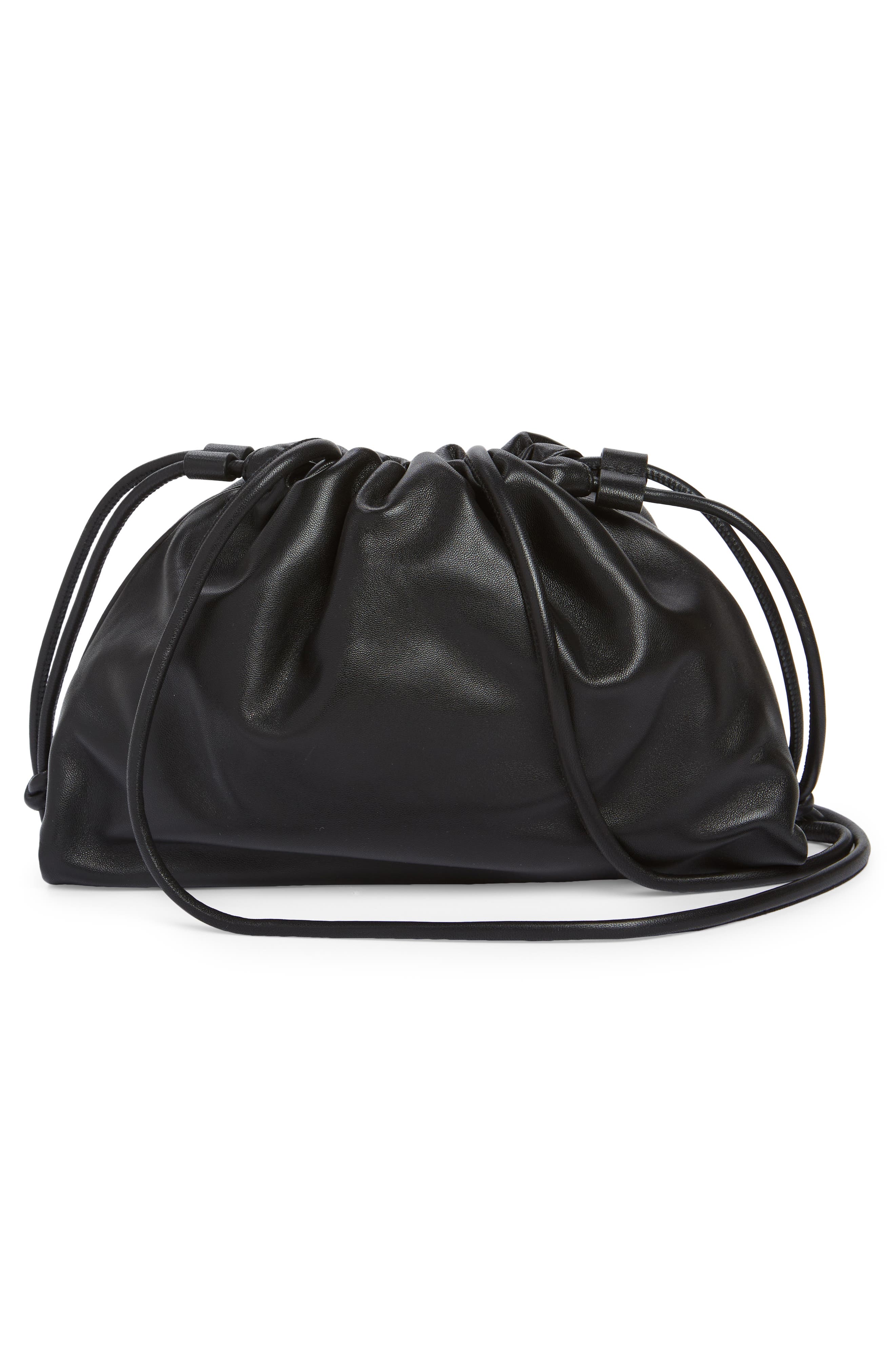 Drawstring Leather Bucket Bag, Main, color, BLACK DARK