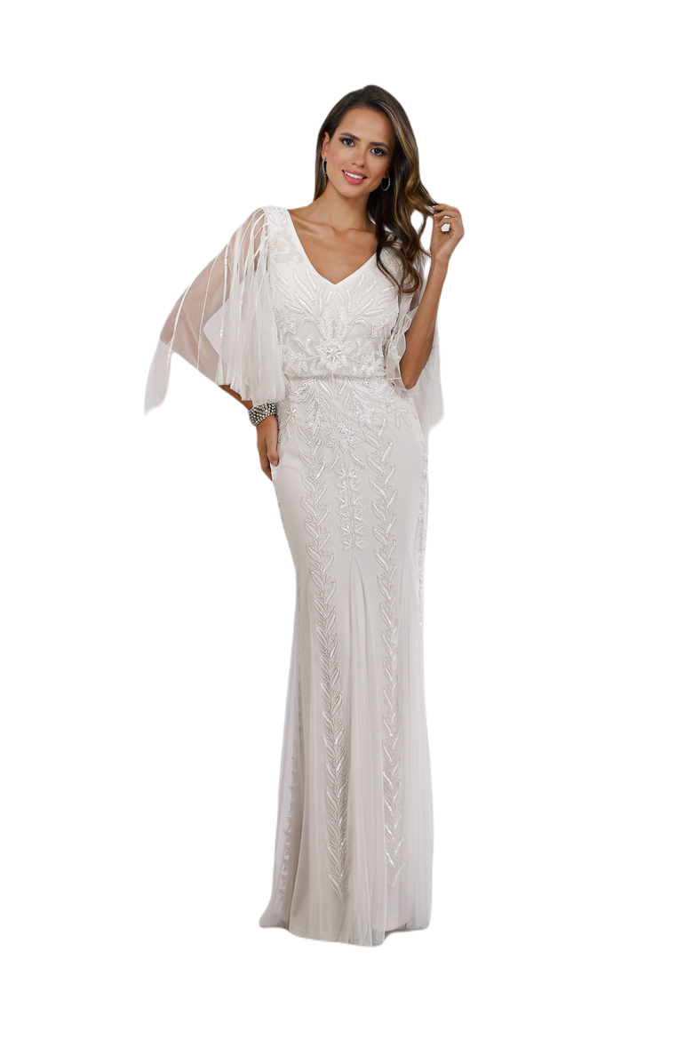 Lara Ella Beaded Cape Sleeve Wedding Dress, Main, color, Ivory