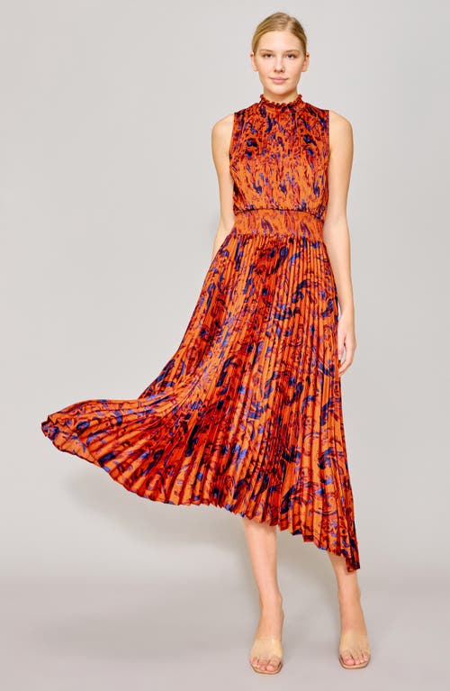 Melloday Paisley Pleated Handkerchief Hem Dress In Orange