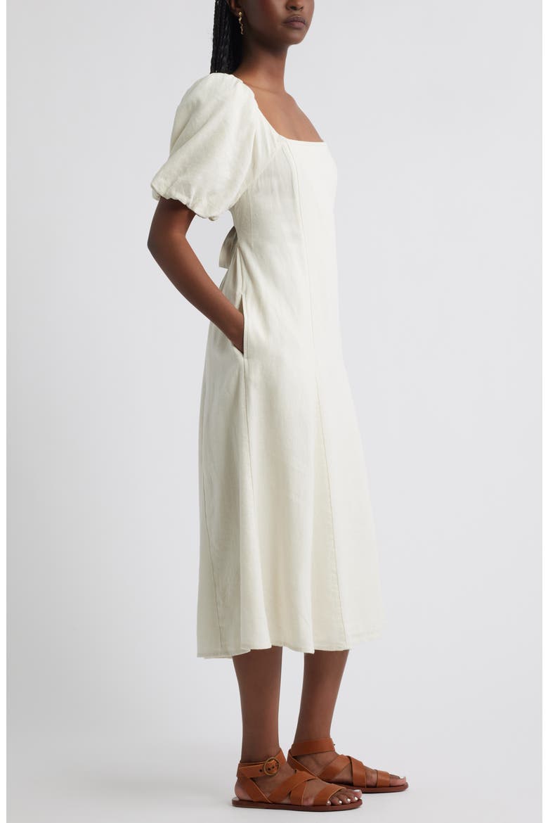Puff Sleeve Linen Blend Midi Dress, Alternate, color, IVORY DOVE