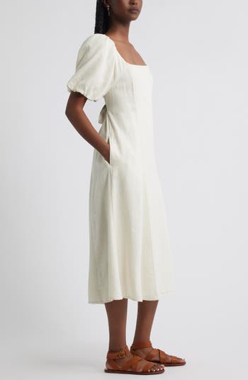 Puff Sleeve Linen Blend Midi Dress