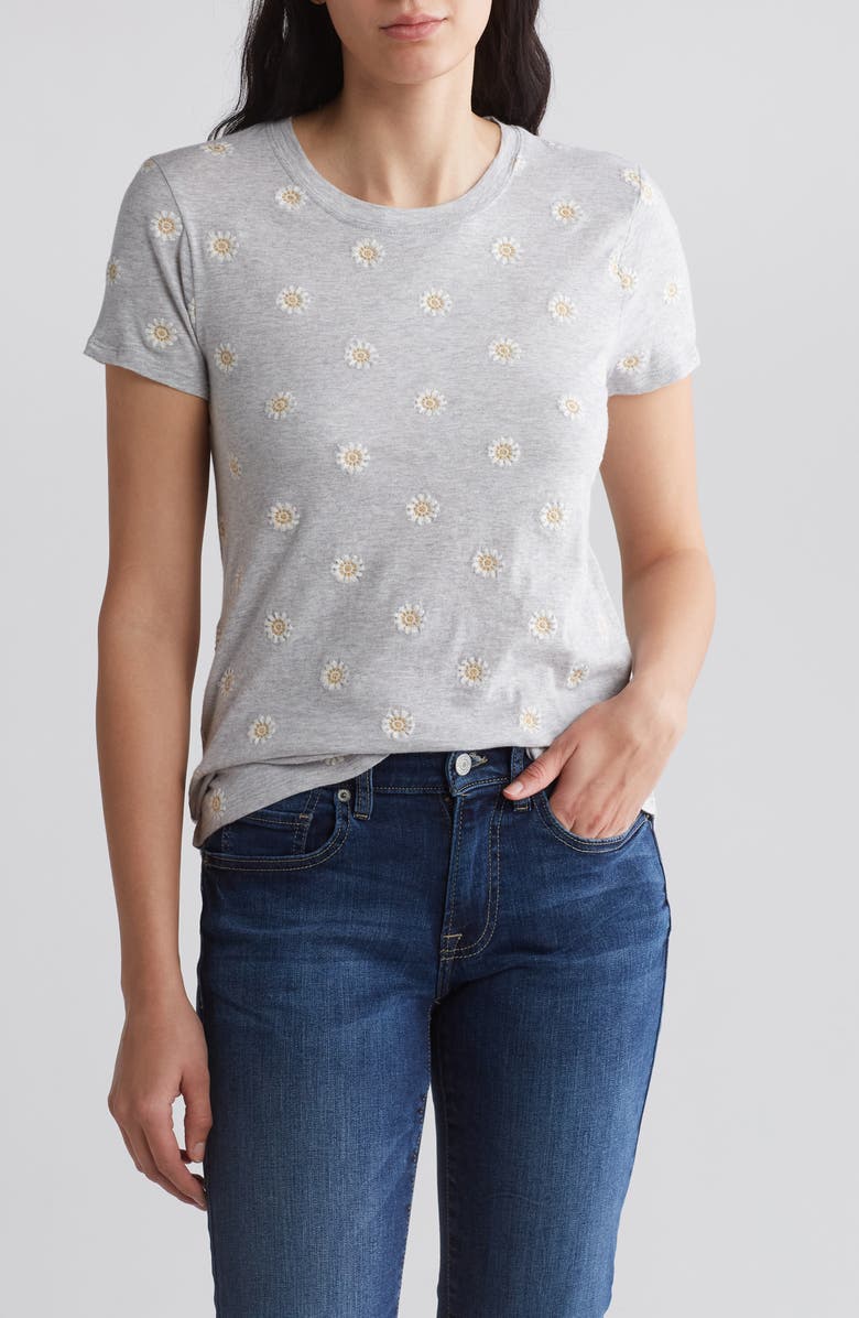 Lucky Brand Daisy All Over Embroidered Cotton Tee, Main, color, Heather Grey
