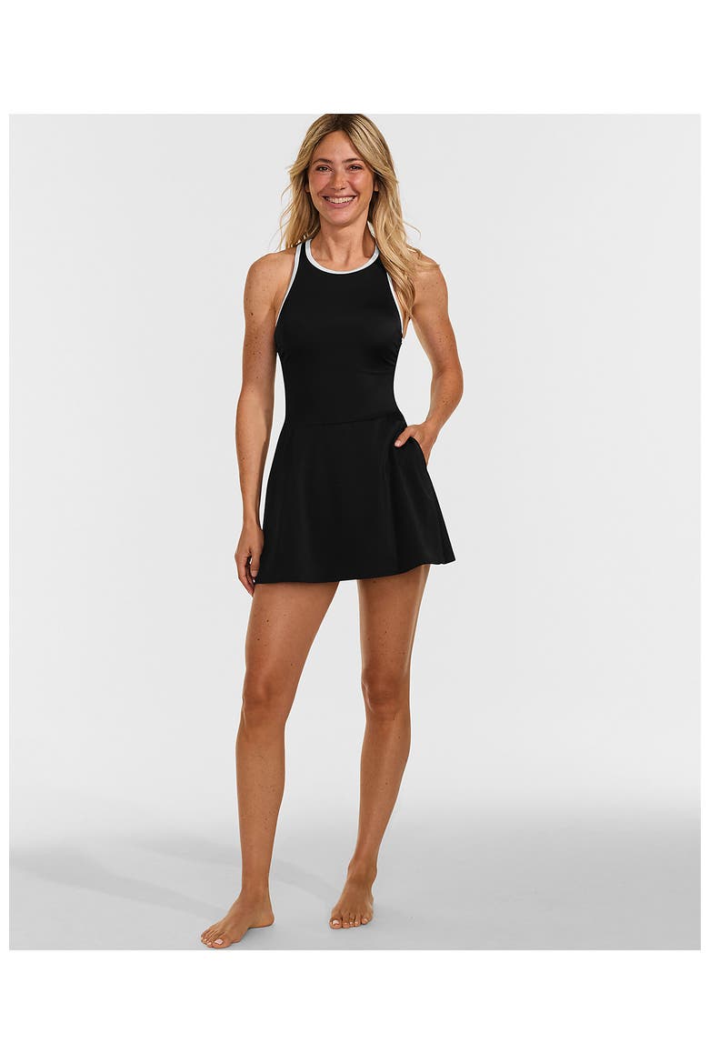 Plus Size Tugless High Neck Swim Dress Swimsuit, Alternate, color, Black/White