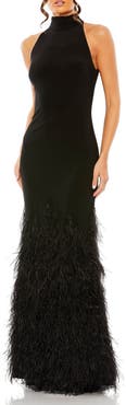 Mac Duggal Feather Tiered Detail Jersey Halter Gown
