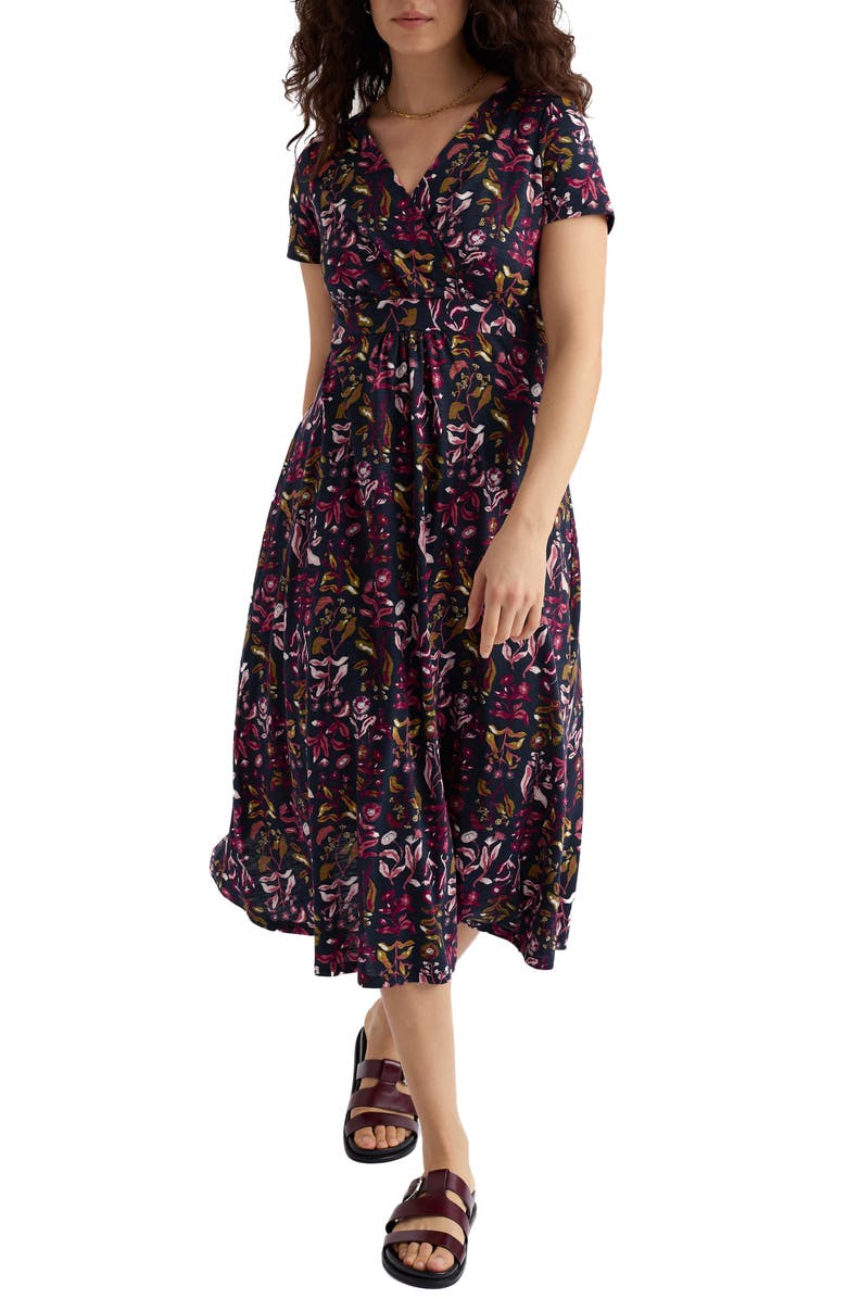 Seasalt Cornwall Chapelle Floral Organic Cotton Jersey Midi Dress, Main, color, Inky Botanical Maritime