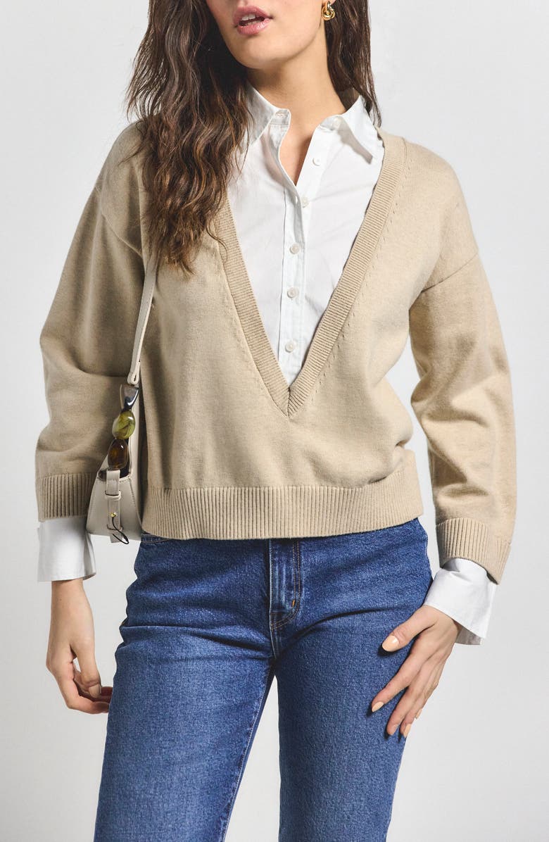 Derek Lam 10 Crosby Rida Mixed Media Cotton & Cashmere Sweater, Alternate, color, Safari/ White