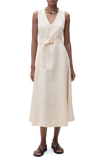 Mango Belted Linen Dress In Sand