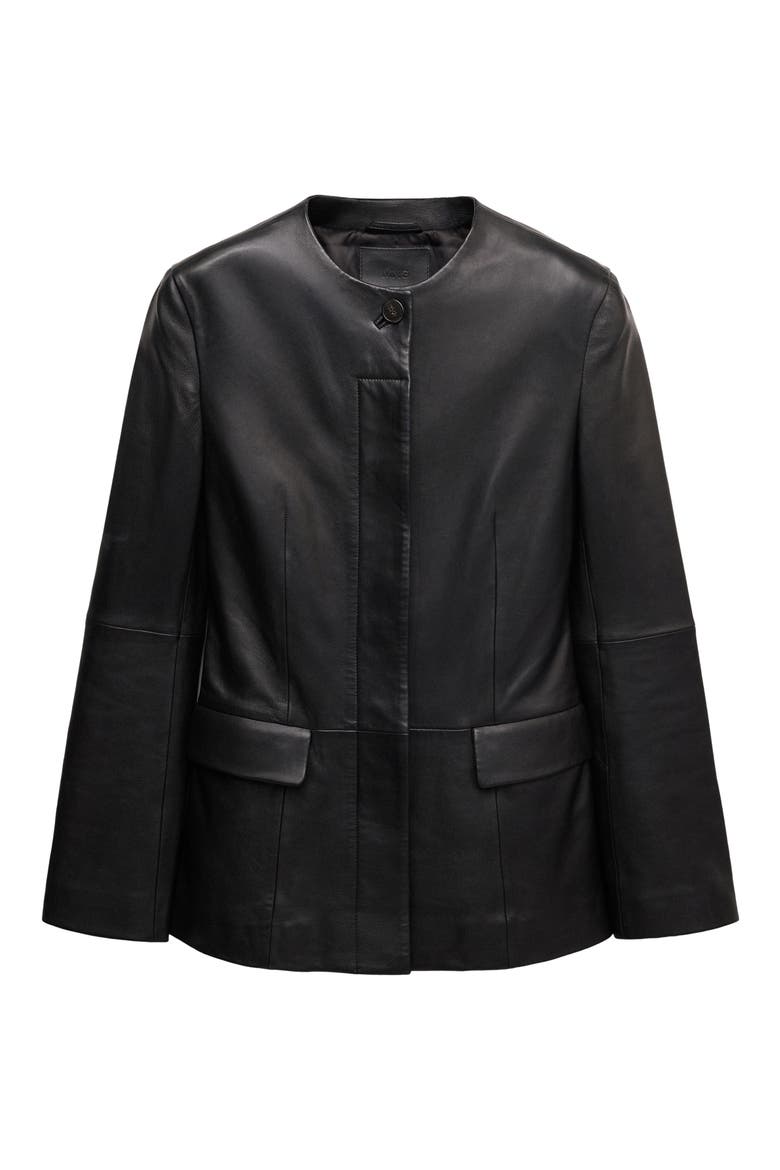 Round Neck Leather Blazer, Main, color, BLACK