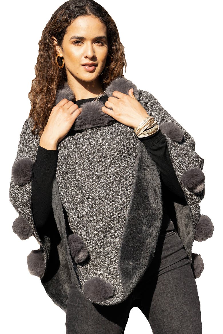 Posey Faux Fur Pompom Adorned Poncho, Alternate, color, GREY