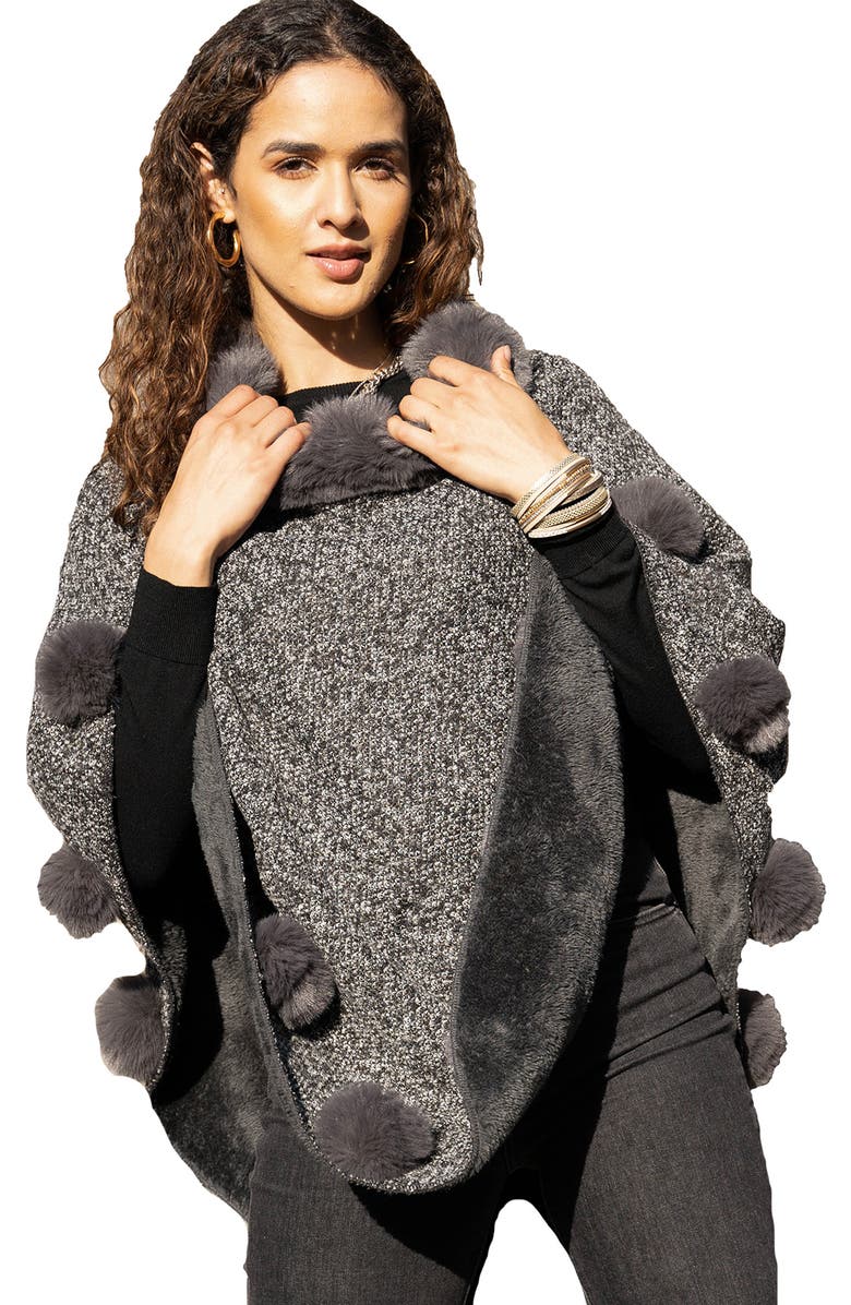 SAACHI Posey Faux Fur Pompom Adorned Poncho, Alternate, color, Grey