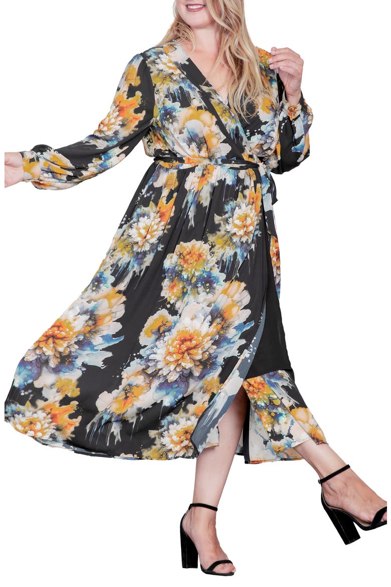 Floral Print Long Sleeve Georgette Midi Wrap Dress, Alternate, color, BLACK INK FLORAL