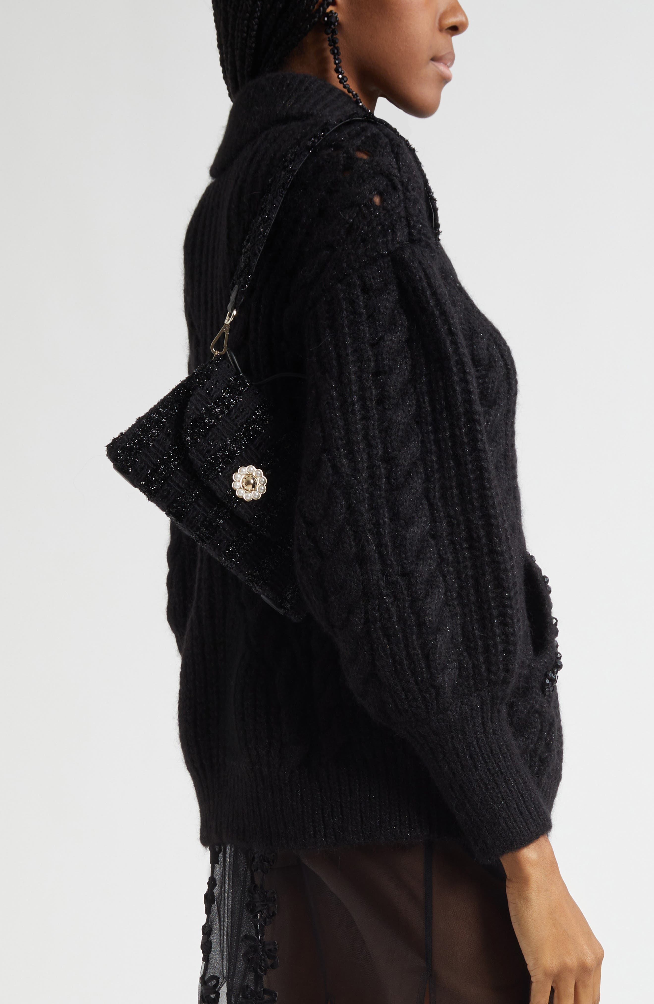 Simone Rocha Pochette Valentine Tweed Shoulder Bag, Alternate, color, Black