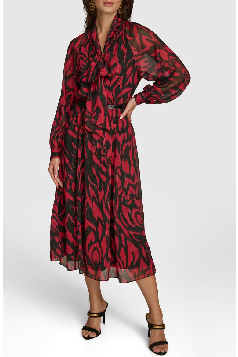 Print Belted Long Sleeve Maxi Dress, Main, color, BLACK/ METROPOLITAN RED
