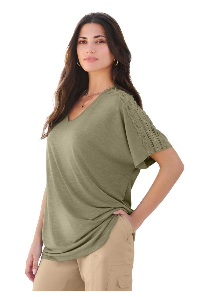 Plus Size Lace Trimmed Textured Tee, Main, color, GREEN KHAKI