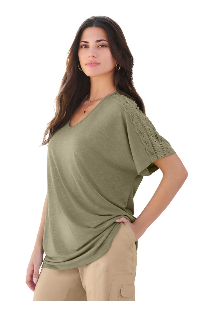Roaman's Plus Size Lace Trimmed Textured Tee, Main, color, Green Khaki