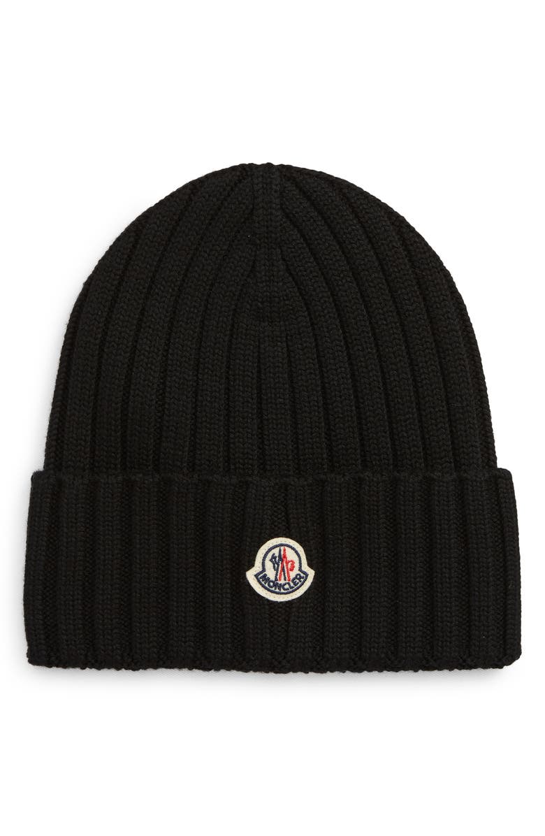 Moncler Logo Patch Rib Wool Beanie, Main, color,