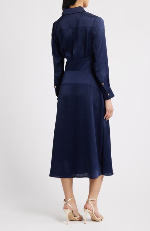 Tahari Asl Long Sleeve Hammered Satin Wrap Front Shirtdress In Spring Navy