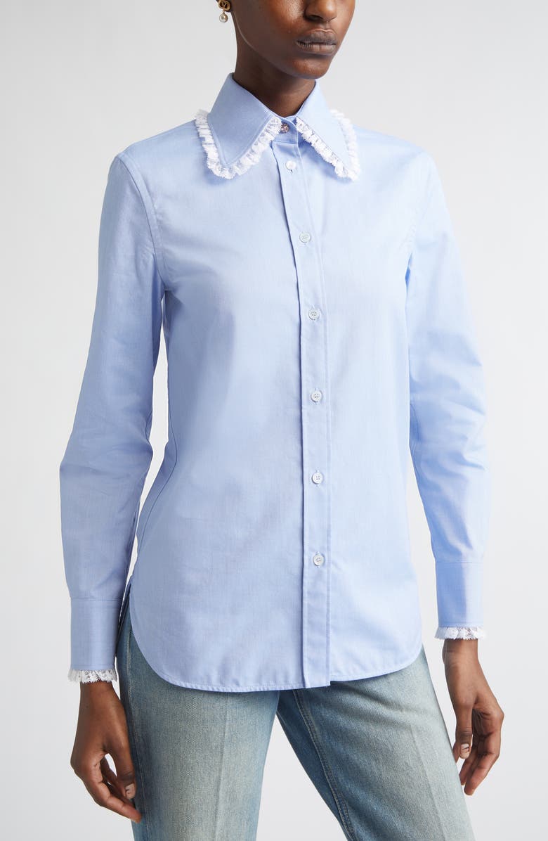 Valentino Lace Trim Cotton Oxford Button-Up Shirt, Alternate, color, Blue